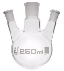 Distilling flasks with 3 angled necks, round bottom, interchangable joints